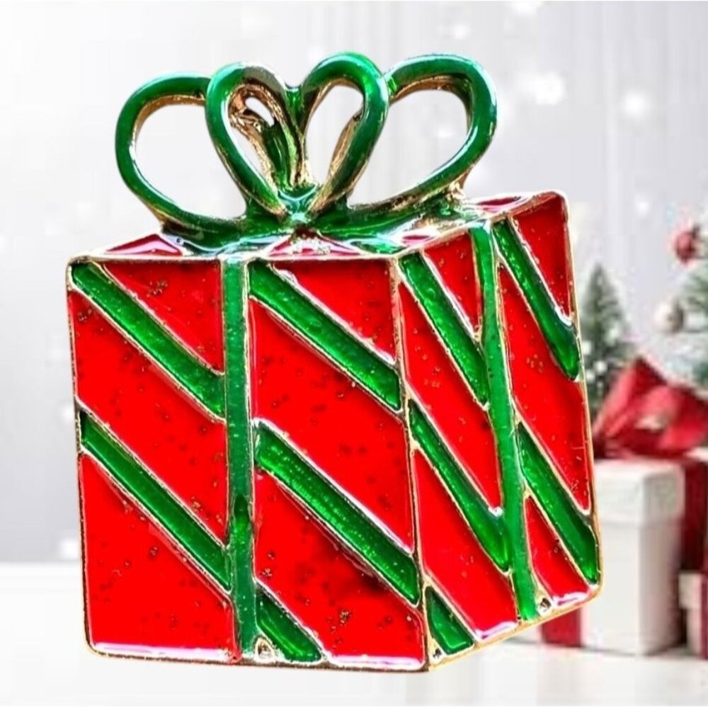 Christmas Present Brooch Pin New Red Green Festive Holiday Gift Party Je…